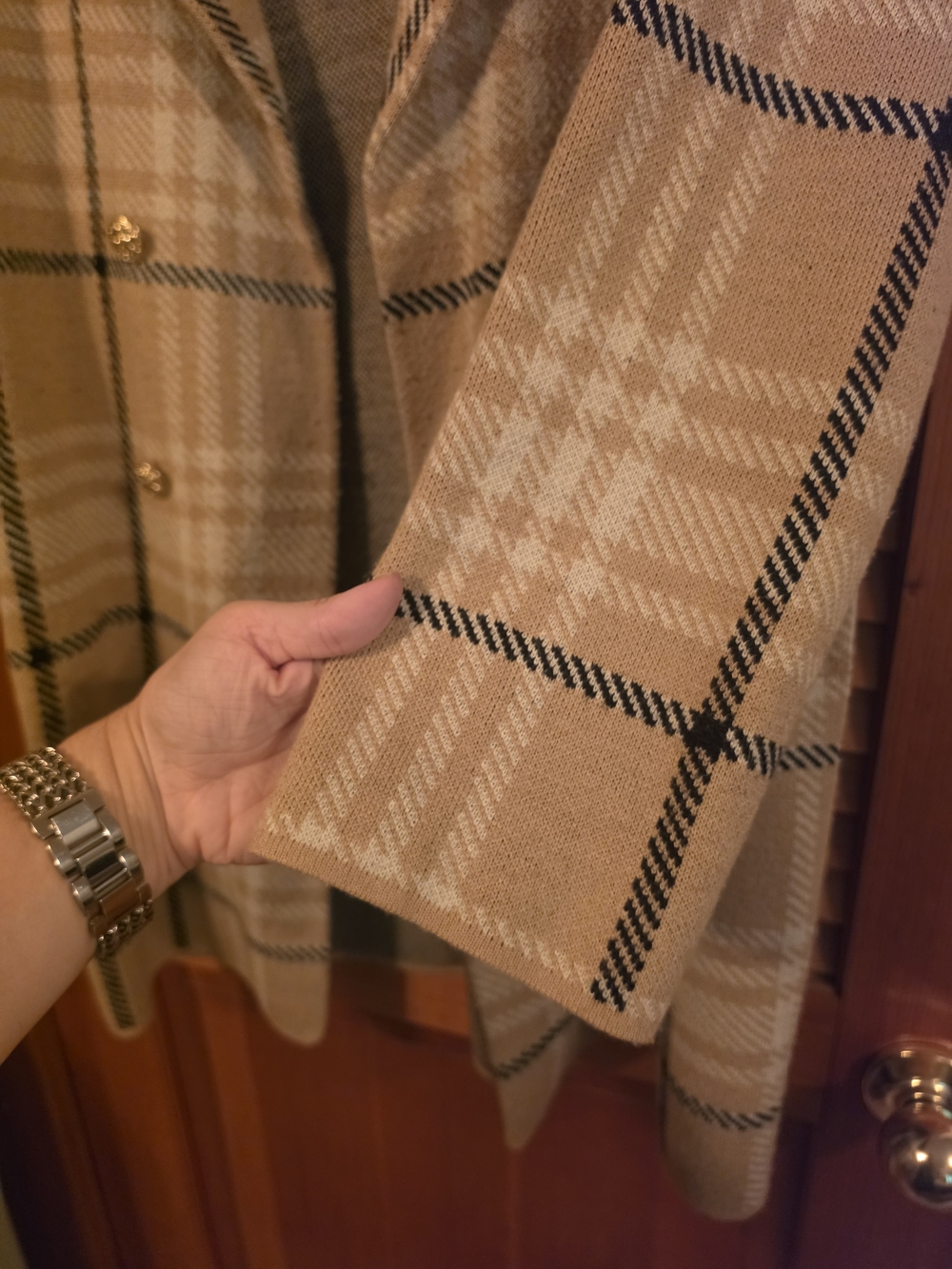 Anne Klein Tan & Black Plaid Double-Breasted Pea Coat - Picture 4 of 5
